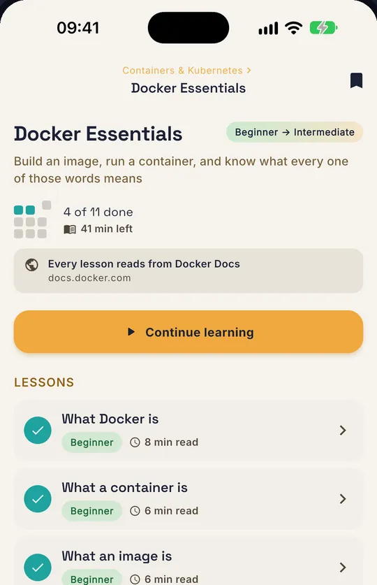 A Docker Essentials course screen showing 4 of 11 lessons done and each lesson's read time